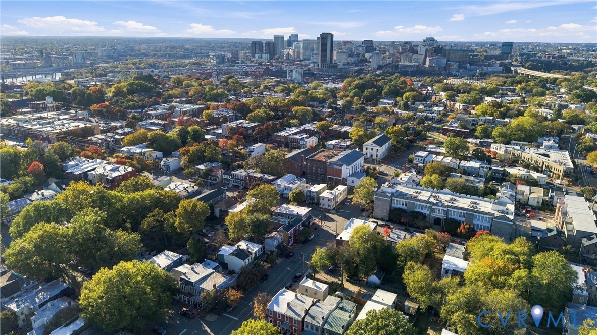 Aerial perspective featuring dense tree canopies, residential street grids, and a prominent urban skyline
