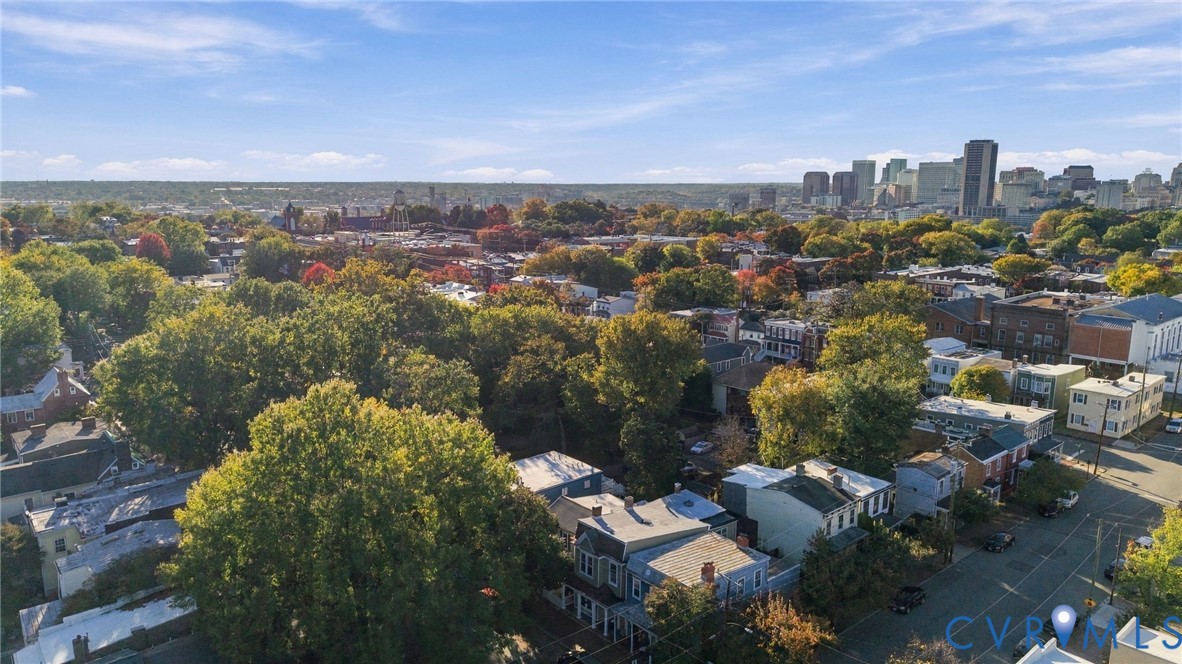 Aerial perspective of the neighborhood featuring established mature trees and a prominent urban skyline
