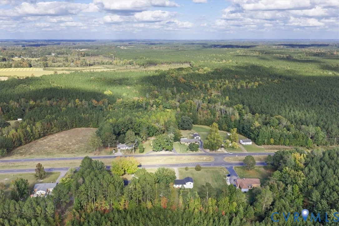 Aerial perspective featuring expansive acreage, mature tree coverage, and paved road access