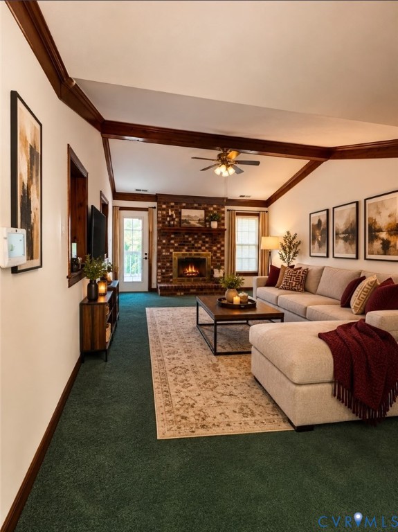 Vaulted ceiling with exposed wood-finish beams, brick fireplace featuring a wood mantel, and interior wood trim