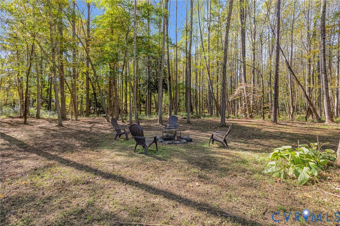 Wooded outdoor space featuring a stone fire pit and mature trees