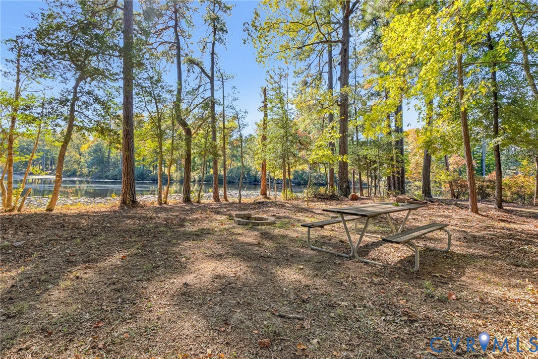 Wooded grounds featuring mature trees, a stone fire pit, and direct shoreline access