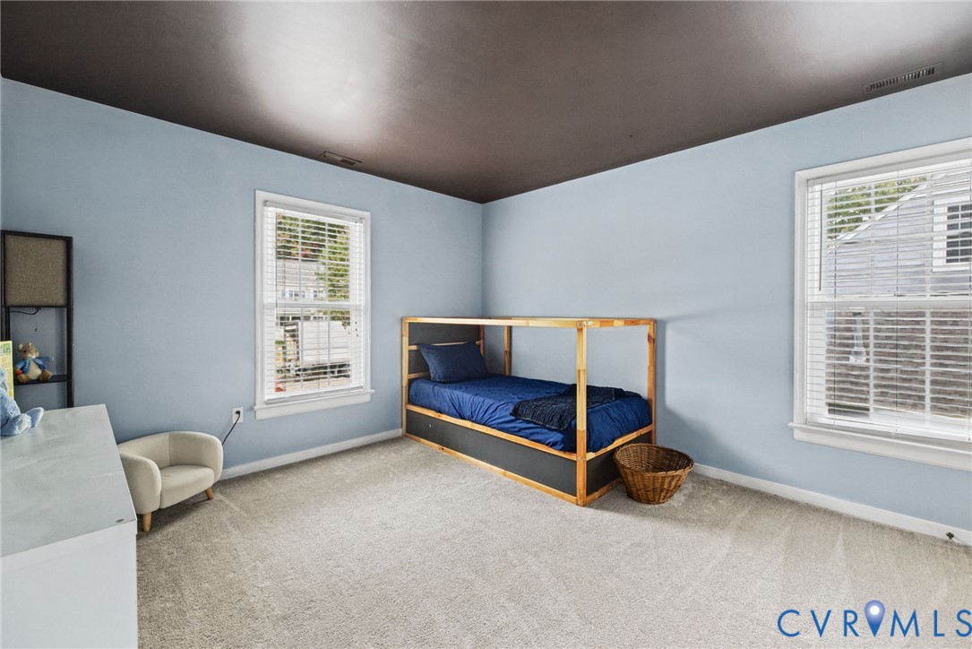 Room featuring neutral carpeting, dual windows with blinds, and contrasting ceiling finish