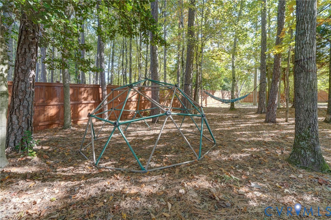 Wooded backyard featuring a perimeter wood privacy fence, mature trees, and a metal climbing dome