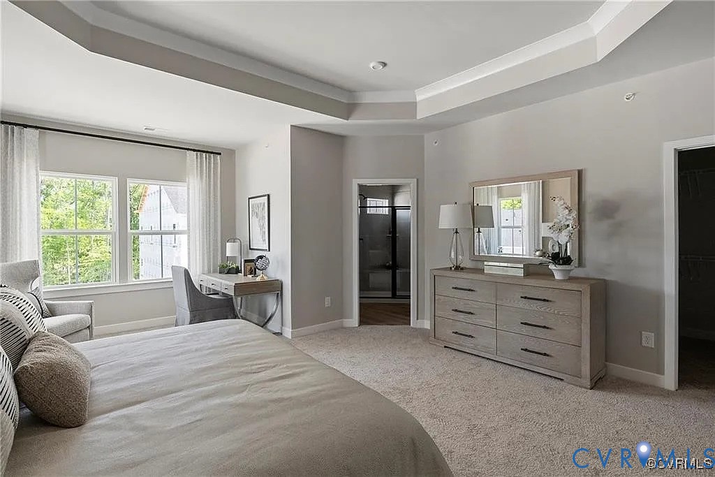 Tray ceiling, wall-to-wall carpeting, and large windows with natural light