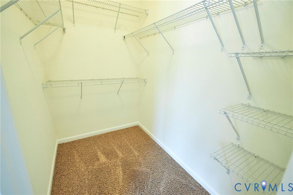 Walk-in closet featuring wall-to-wall carpeting and tiered white wire shelving