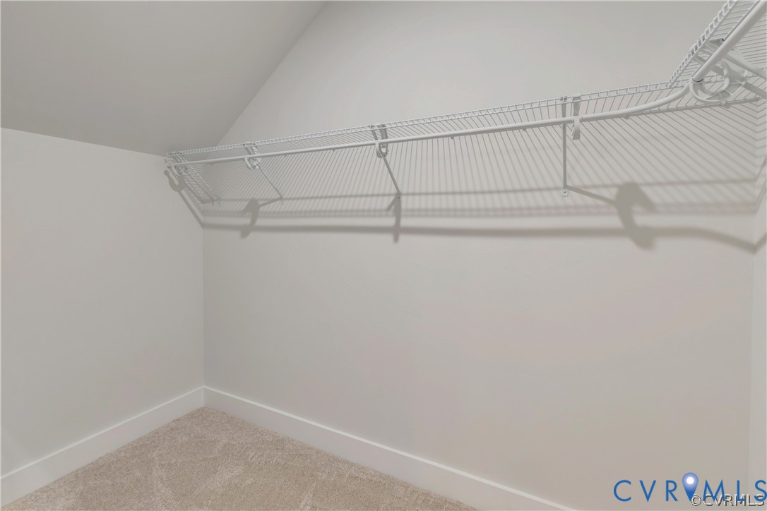 Storage area featuring neutral carpeting and white wire shelving