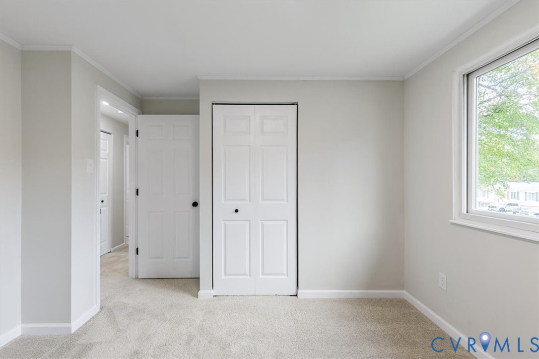 Neutral interior walls, wall-to-wall carpeting, white paneled interior doors, and a double-hung window
