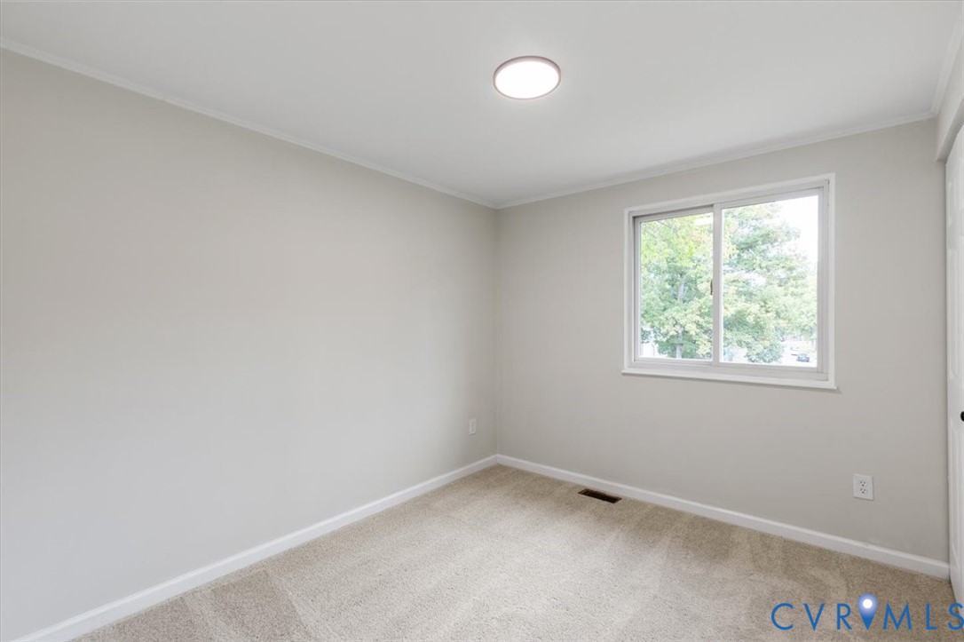 Neutral-toned interior room featuring wall-to-wall carpeting, a sliding window with exterior greenery, and a flush-mount overhead light fixture