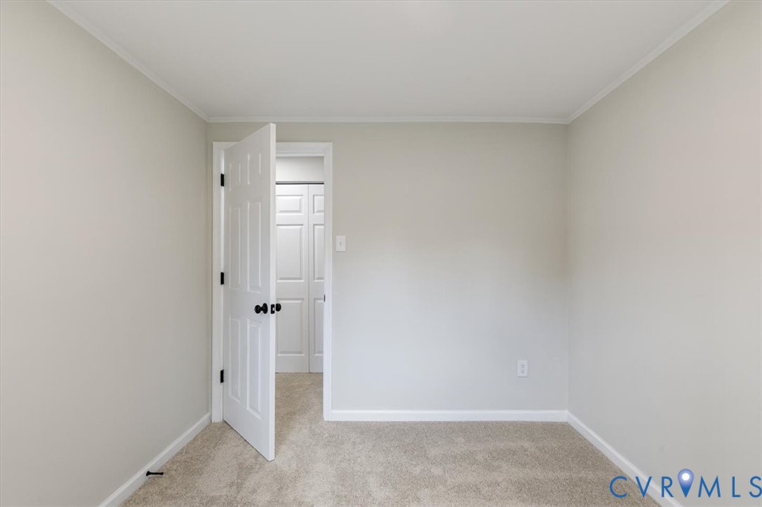 Neutral-toned interior space featuring wall-to-wall carpeting, a six-panel interior door with matte black hardware, and double-door closet storage