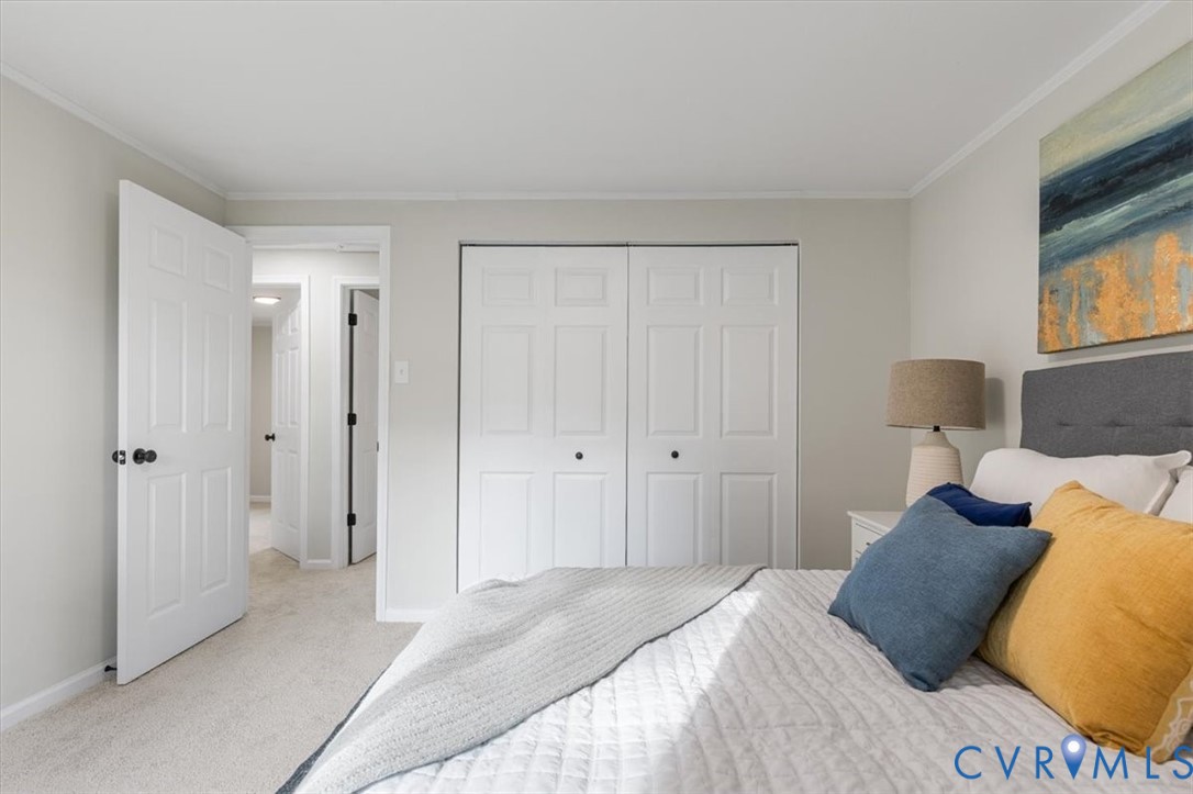 Room interior with neutral wall paint, carpeted flooring, and white interior doors featuring six-panel detailing and dark hardware