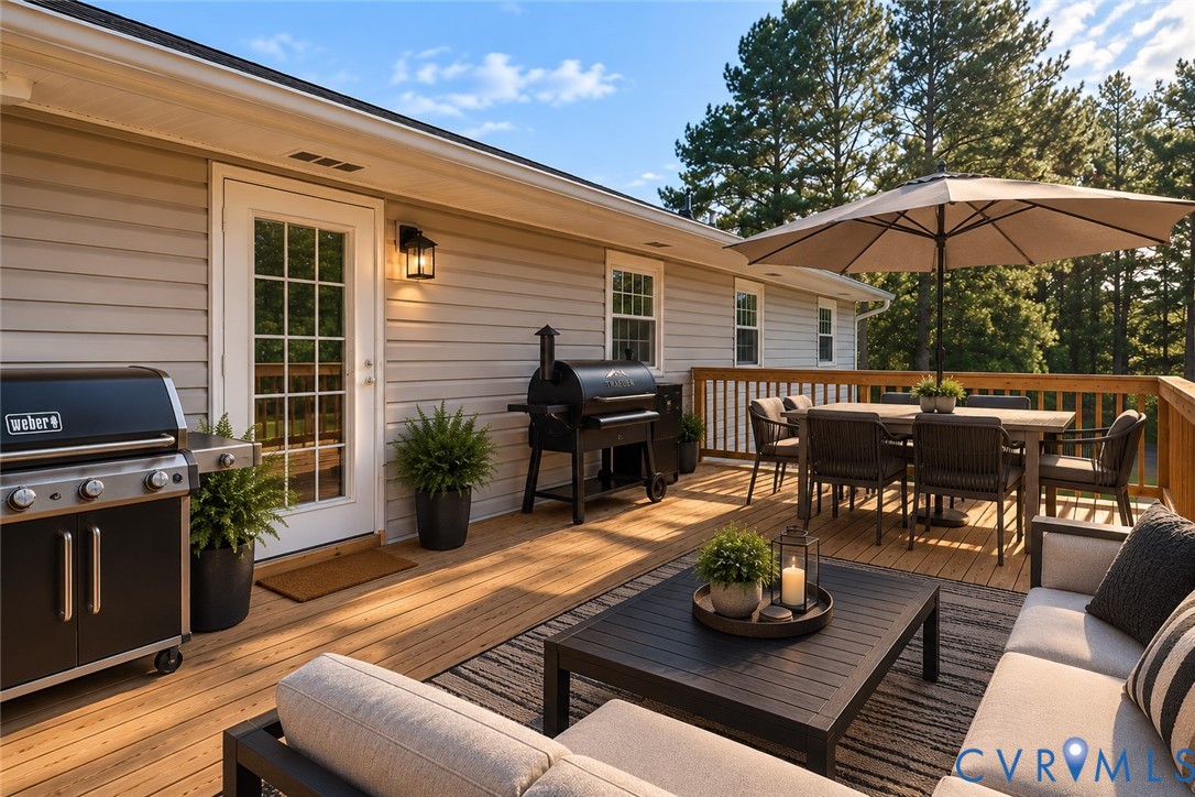 Expansive wood deck featuring horizontal lap siding, a glass-paneled exterior door, wall-mounted lantern lighting, and wood-slat railing, ai staged