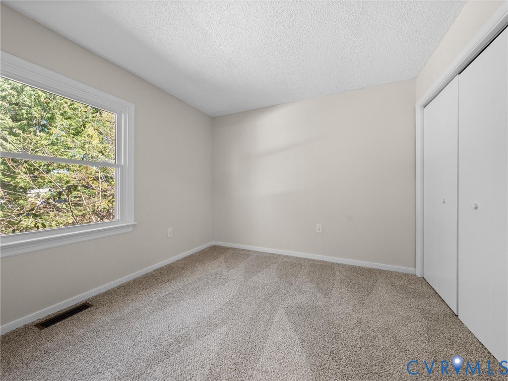 Neutral-toned wall-to-wall carpeting, double-panel closet doors, and single-hung window with exterior greenery