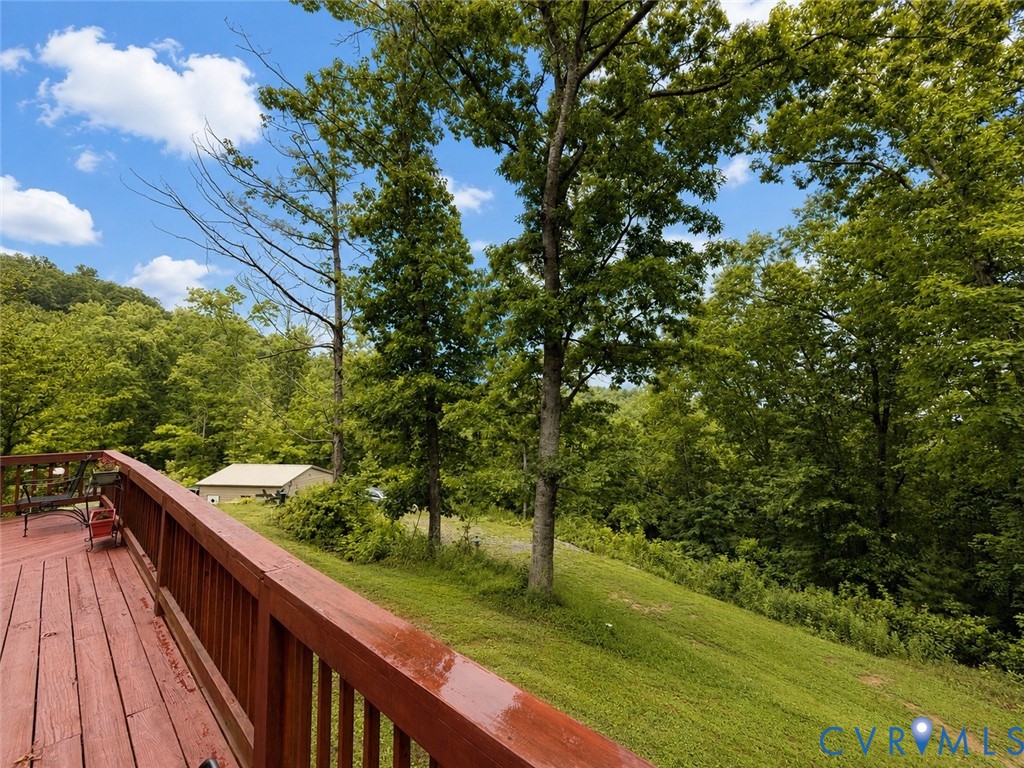 Elevated wood-finish deck with a rail balustrade overlooking a sloped lawn and mature tree canopy
