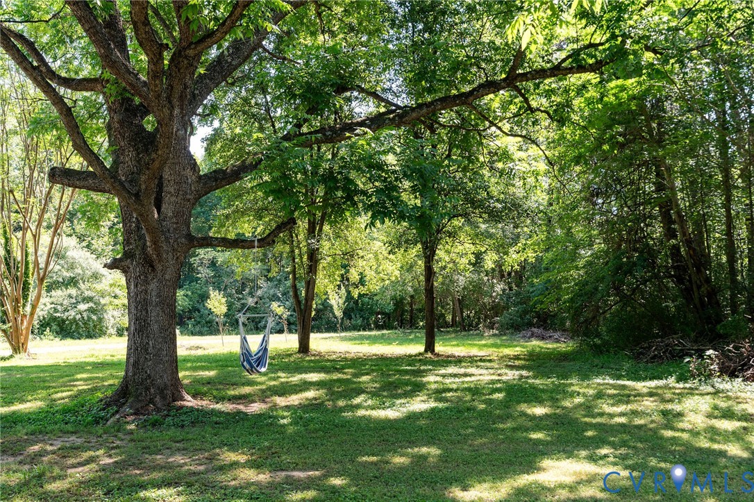 Expansive lawn featuring mature trees and established wooded surroundings