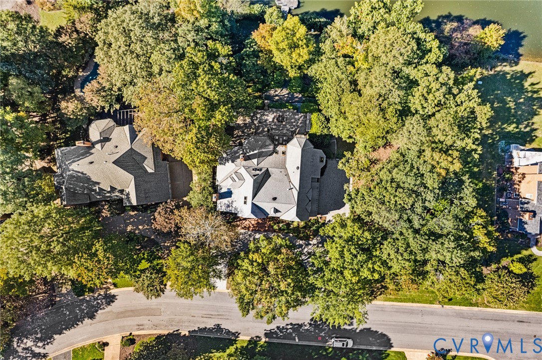 Aerial perspective featuring a multi-gabled roofline, expansive tree canopy, paved driveway, and water frontage