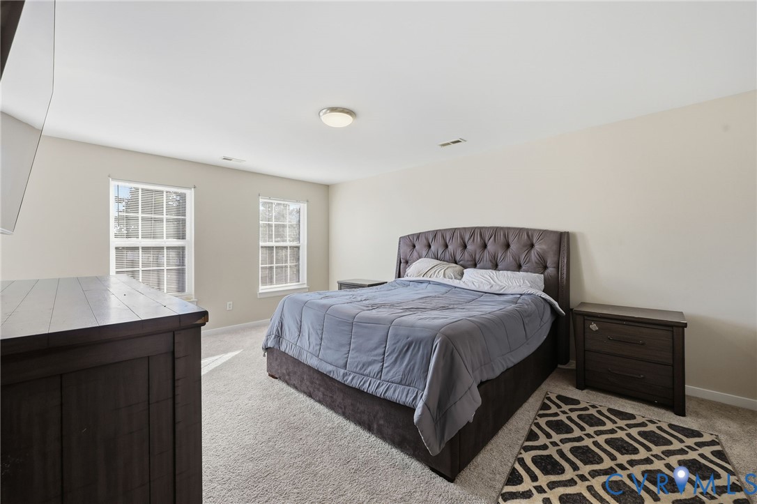 Spacious room featuring neutral wall color, wall-to-wall carpeting, and two dual-pane windows with grid detailing