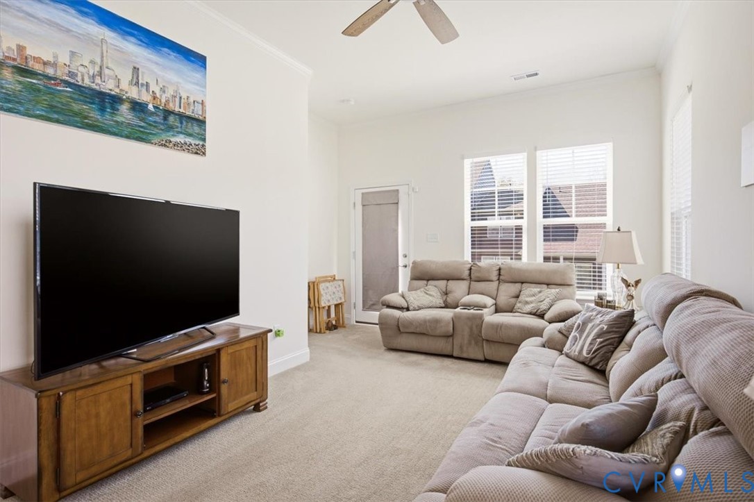 Neutral-toned carpeting, high ceilings, ceiling fan, and large windows with horizontal blinds