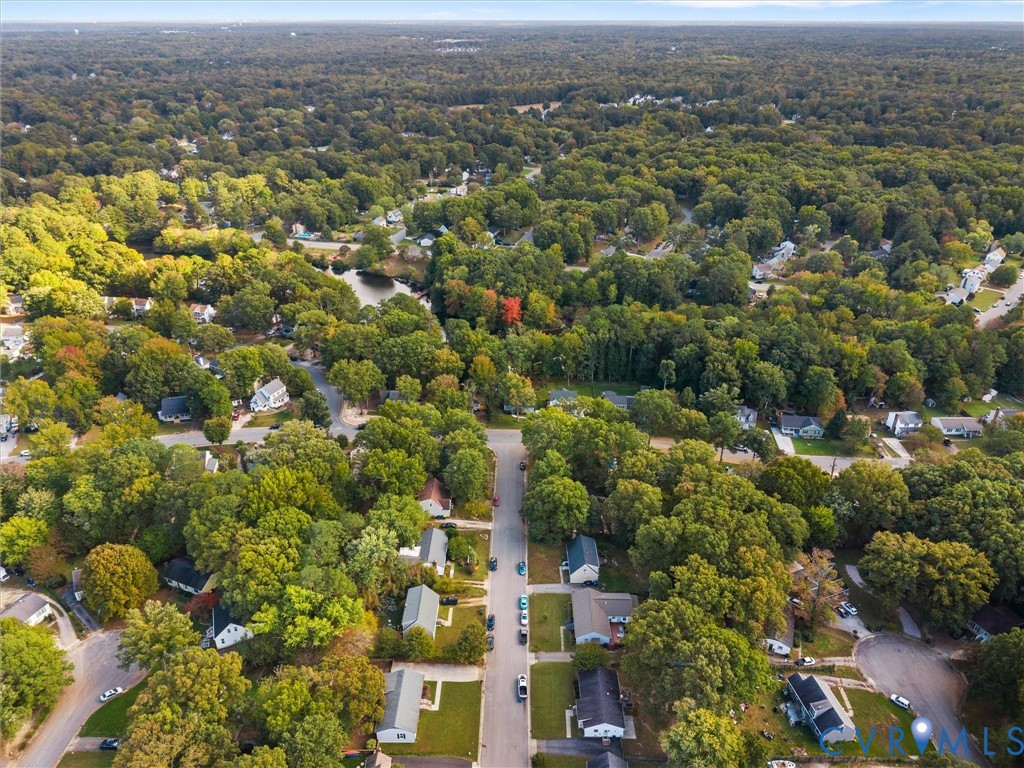 Aerial perspective featuring dense canopy coverage, established vegetation, and a natural pond setting