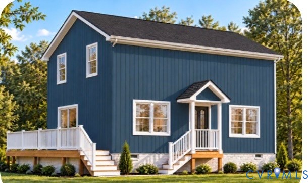 Two-story residence featuring vertical board-and-batten siding, a stone foundation, a gabled entry portico, and a wood-decked patio with white railing
