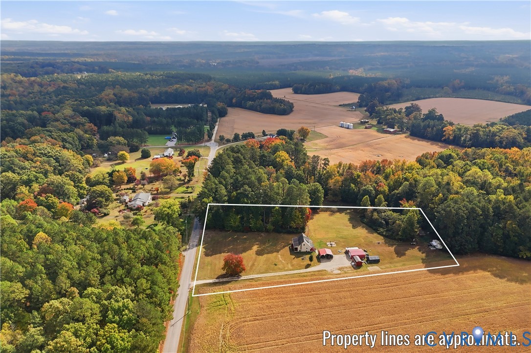 Expansive rural acreage featuring mature wooded sections, open grass fields, a primary residence, and multiple detached outbuildings