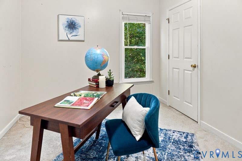Neutral wall paint, plush carpeting, a single-hung window with natural exterior light, and a six-panel interior door with brass hardware