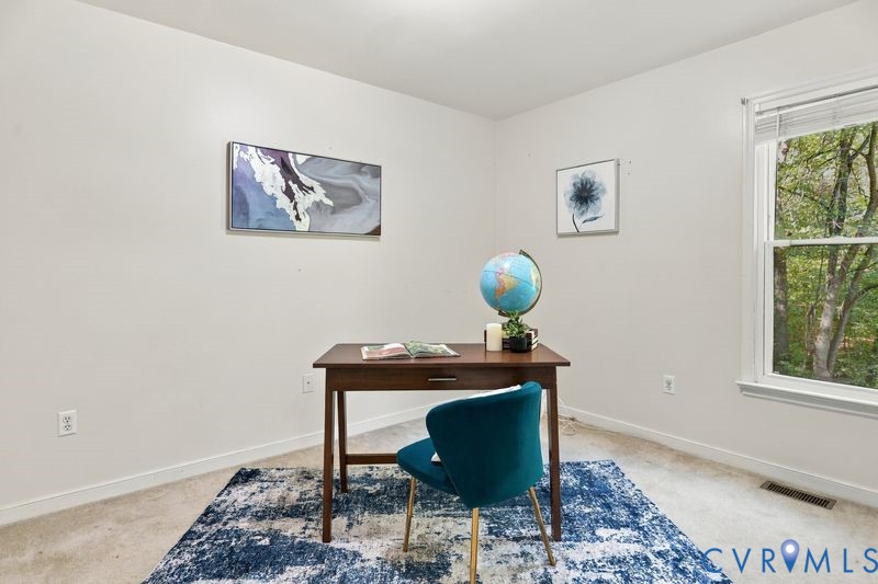 Neutral wall finishes, plush carpeting, and a double-hung window with exterior greenery
