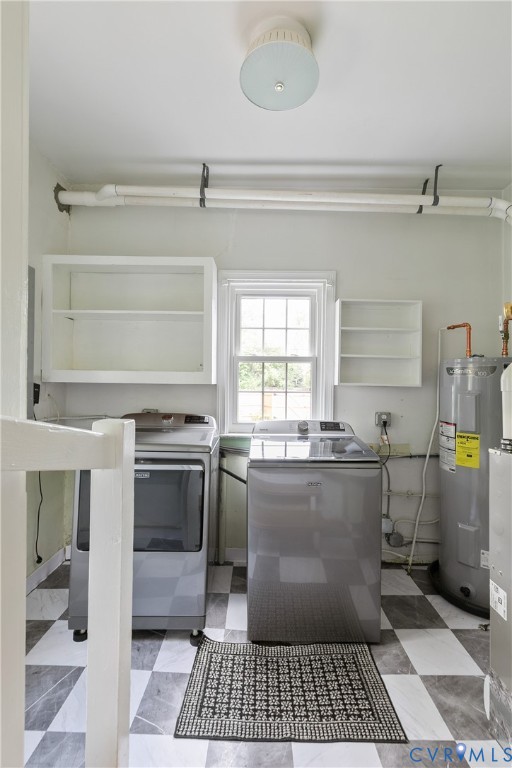 Utility area featuring checkerboard patterned flooring, built-in open wall shelving, a centered window, and a drum-style ceiling light fixture