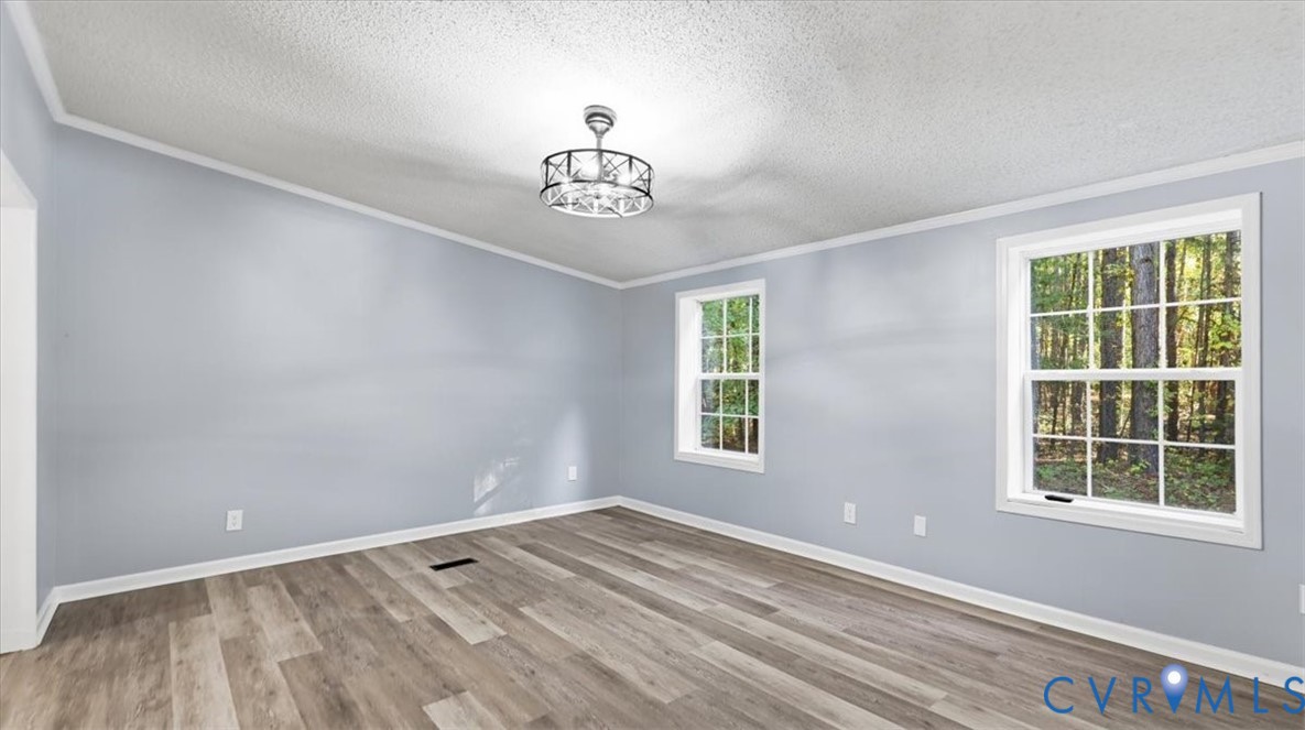 Room featuring wood-finish flooring, dual windows with grid detailing, and a multi-light drum pendant fixture