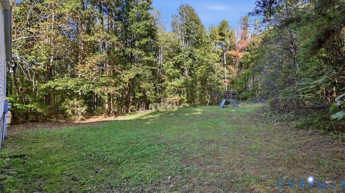Expansive backyard featuring an open grass area and dense perimeter of mature trees