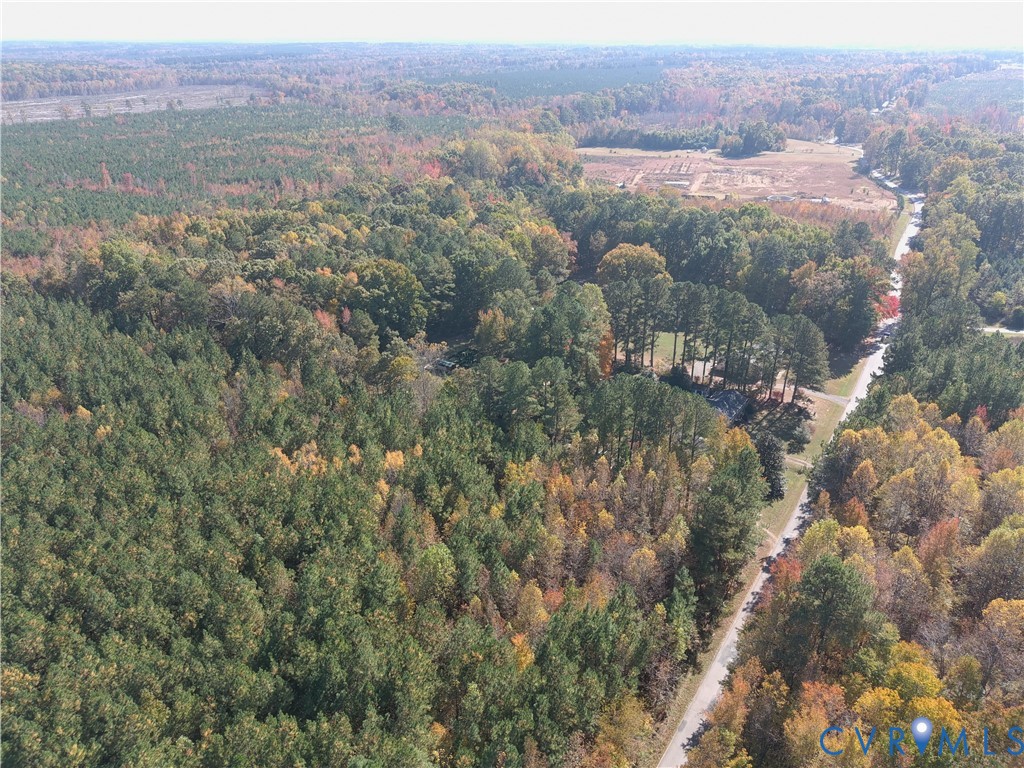 Aerial perspective of expansive acreage featuring dense forest cover, mature deciduous trees, and established access road Aerial perspective of expansive acreage featuring dense forest cover, mature deciduous trees, and established access road