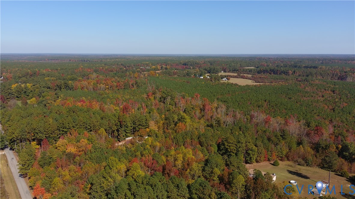 Aerial view featuring expansive acreage, mature forest coverage, and paved road frontage