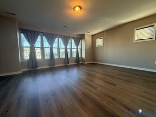 Expansive room featuring wood-finish flooring, a series of windows, and a central ceiling light fixture