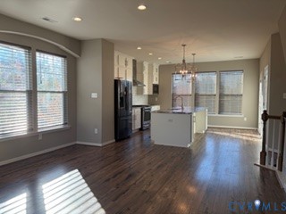 Kitchen featuring an expansive center island, custom cabinetry, stainless steel appliances, wood-finish flooring, and recessed lighting