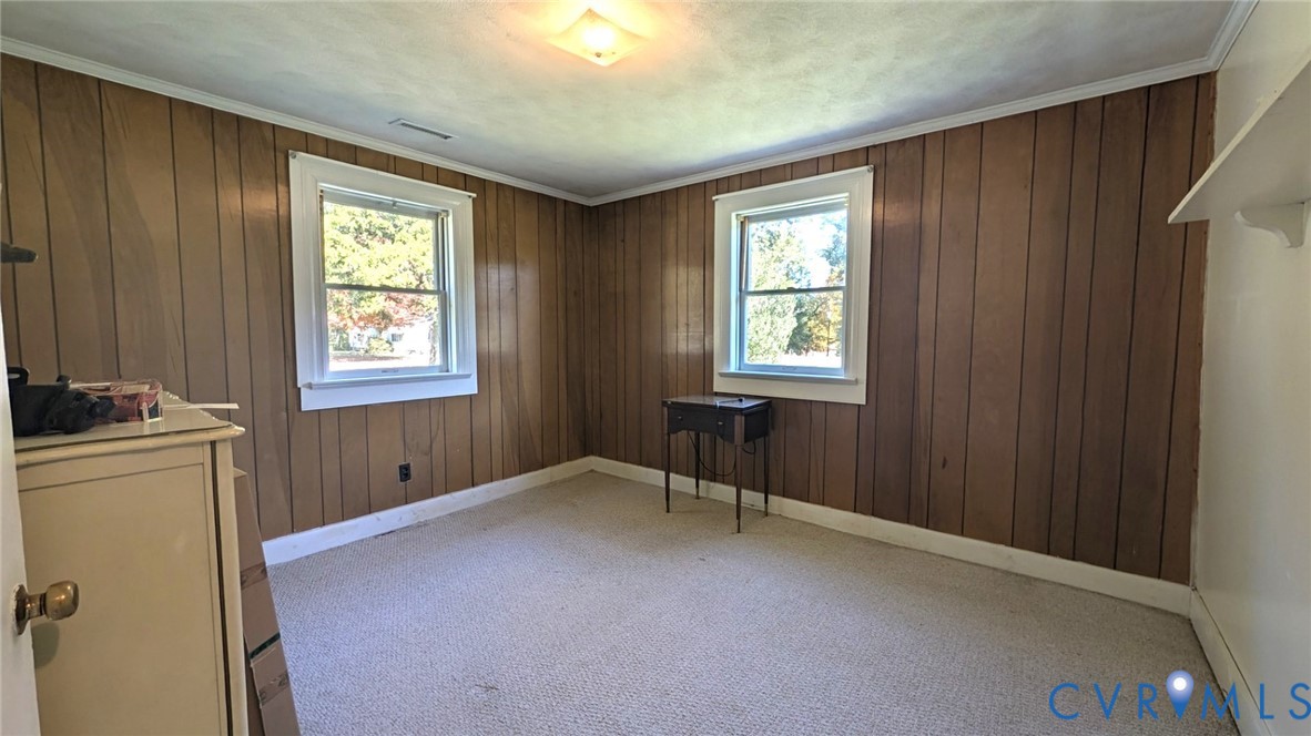 Interior space featuring wood-panel wall finish, wall-to-wall carpeting, and two double-hung windows with white casings