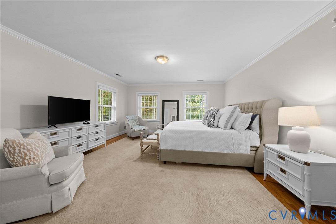 Spacious room featuring neutral carpeting, crown molding, multi-pane windows, and a centrally positioned flush-mount light fixture