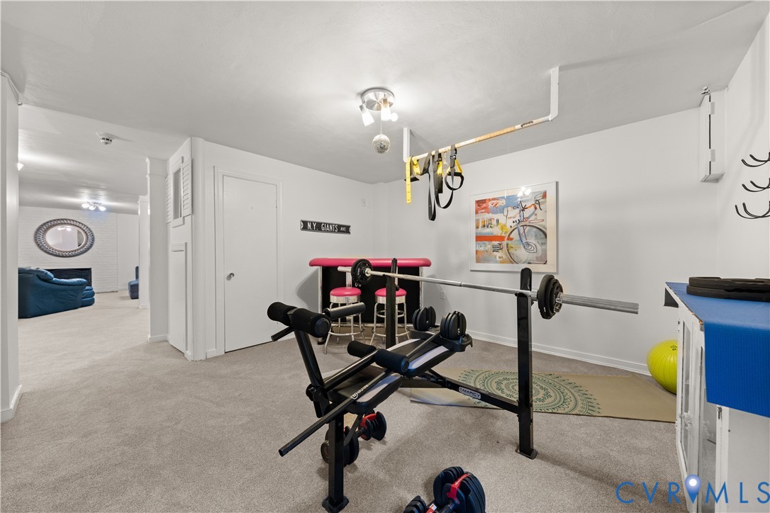 Finished lower level featuring neutral carpeting, white walls, and multiple overhead light fixtures