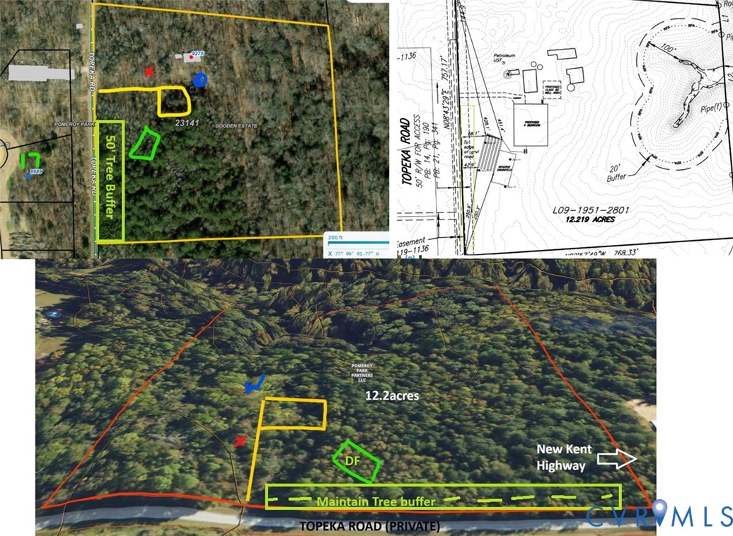 Survey Plat and Aerial Map. Illustrating the site boundaries, topographical features, and land dimensions of the property