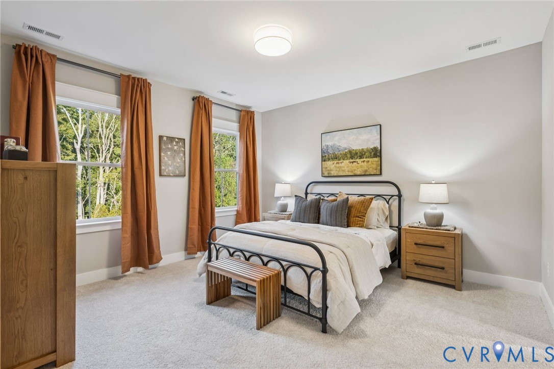 Bright bedroom featuring light gray walls and plush carpeting