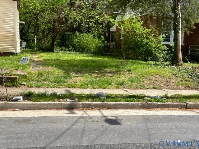 Open lot featuring established trees, concrete curbing, and sidewalk access
