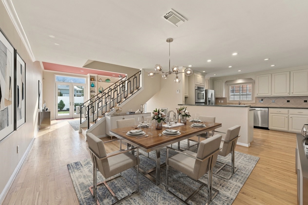 Dining area, digitally staged.