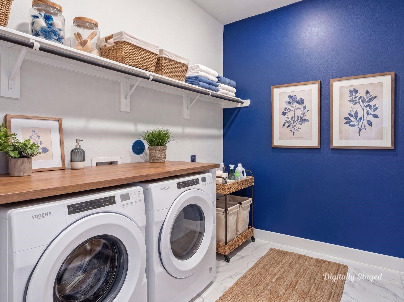 A spacious utility room featuring a
built-in top hanging shelf and plenty
of functional space to design your
ideal laundry setup. This photo has
been digitally staged to illustrate the
possibilities of the homes aesthetic
and potential design. Some
furnishings and dcor shown are for
visual inspiration.