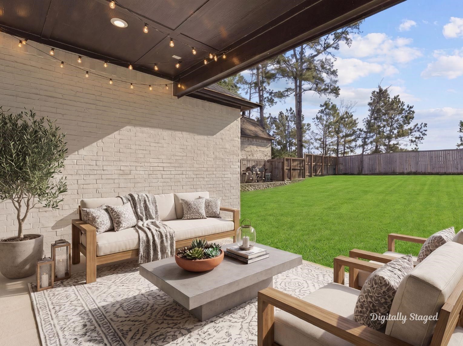 An inviting covered patio looking out
onto an expansive, fully fenced
backyard with lush green grass
perfect for outdoor entertaining and
relaxation. This photo has been
digitally staged to illustrate the
possibilities of the homes aesthetic
and potential design. Some
furnishings and dcor shown are for
visual inspiration.