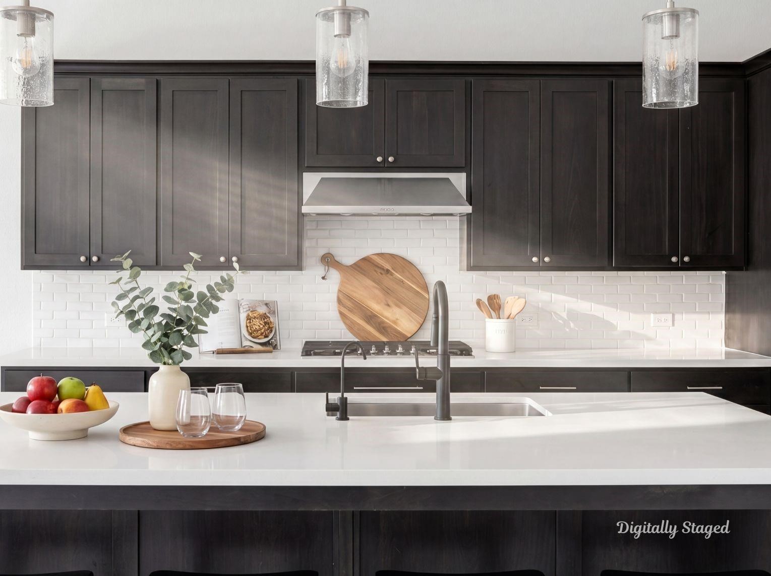 A modern kitchen featuring a large
center island with breakfast bar
seating, rich espresso cabinetry,
white subway tile backsplash, and
polished stone flooring. This photo
has been digitally staged to illustrate
the possibilities of the homes
aesthetic and potential design. Some
furnishings and dcor shown are for
visual inspiration.