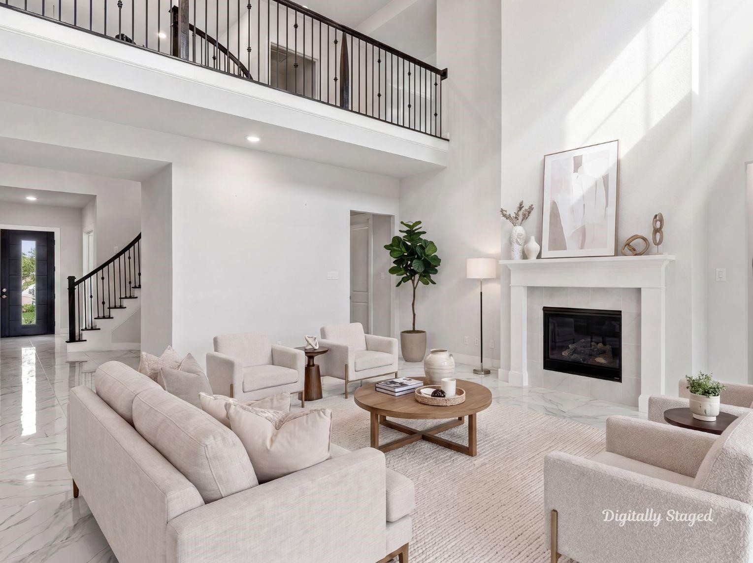 A dramatic two-story living room
highlighting soaring ceilings, polished
marble-look flooring, a classic
fireplace with a custom mantel, and
an overlooking upper-level catwalk.
This photo has been digitally staged
to illustrate the possibilities of the
homes aesthetic and potential
design. Some furnishings and dcor
shown are for visual inspiration.