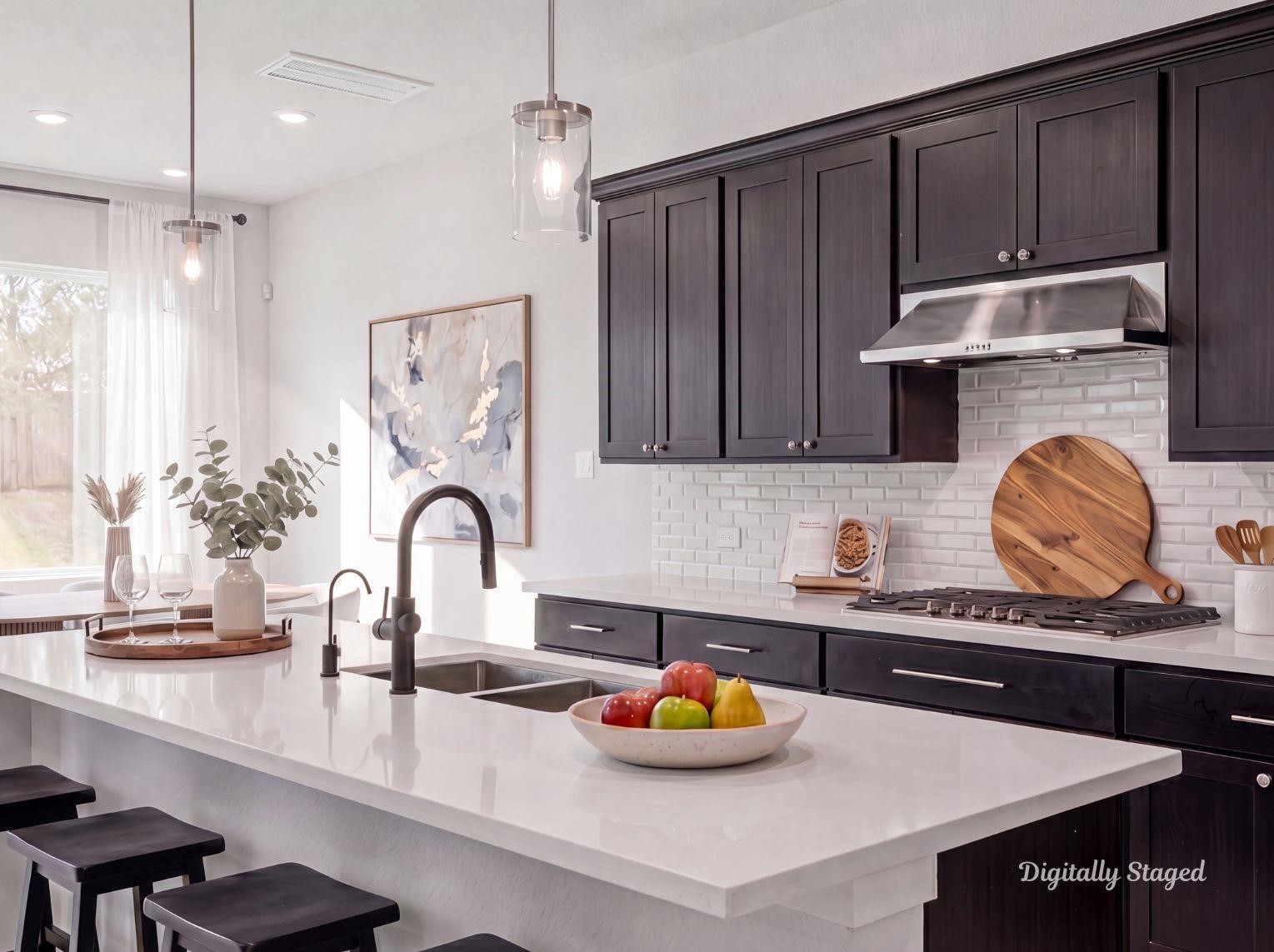 An alternative view of the open
concept kitchen showcasing the
under-mount sink, gas cooktop,
sleek range hood, and direct views
into the adjacent dining area. This
photo has been digitally staged to
illustrate the possibilities of the
homes aesthetic and potential
design. Some furnishings and dcor
shown are for visual inspiration.