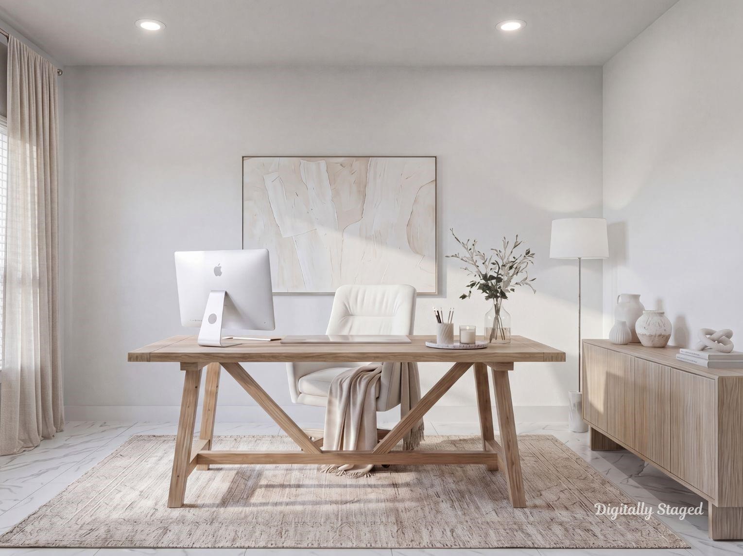A private home office setting
complete with double French doors,
large windows for plenty of natural
light, and elegant polished flooring.
This photo has been digitally staged
to illustrate the possibilities of the
homes aesthetic and potential
design. Some furnishings and dcor
shown are for visual inspiration.