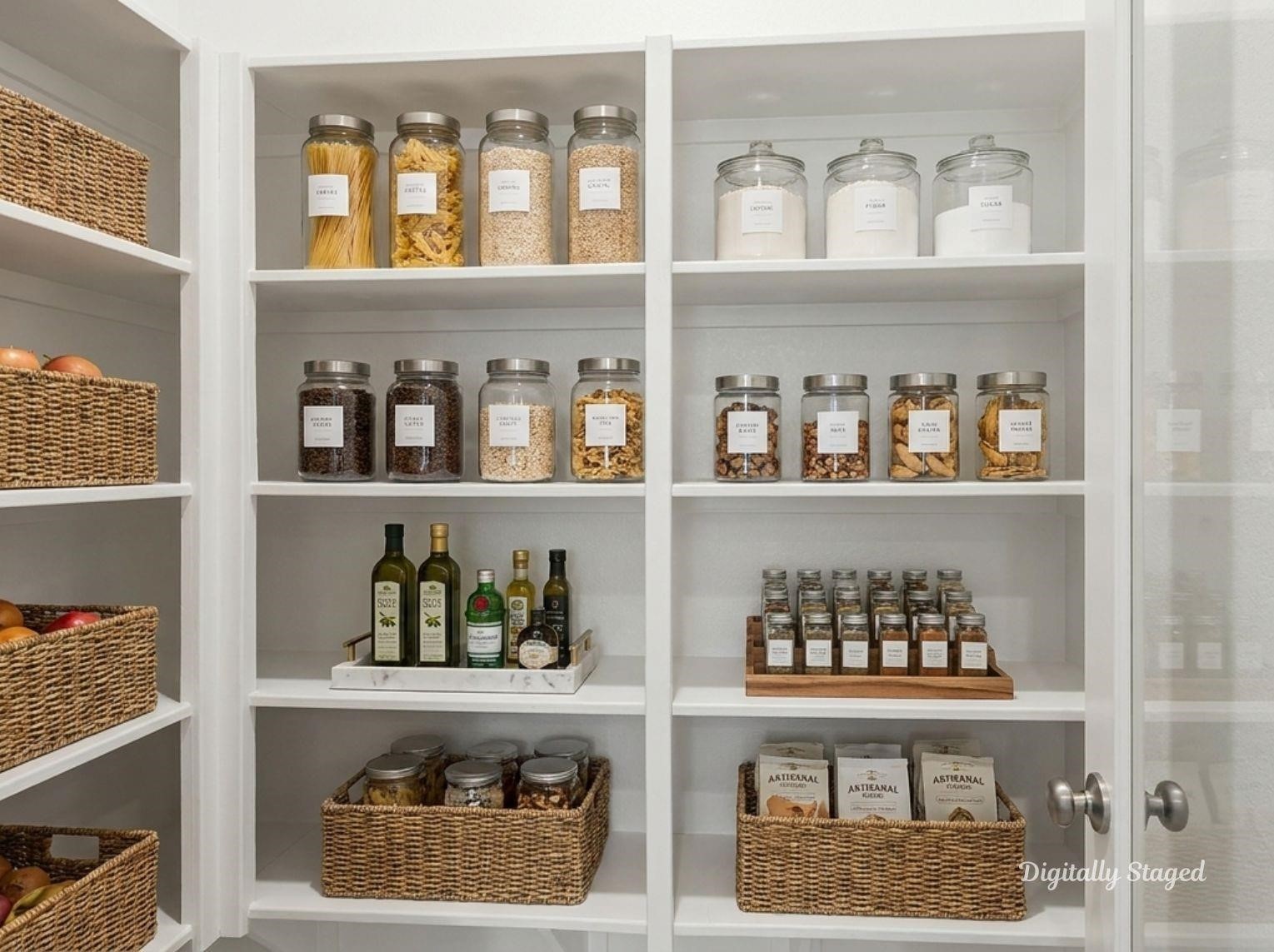 A massive walk-in pantry equipped
with abundant wrap-around shelving,
providing exceptional storage space
for food, small appliances, and
kitchen essentials. This photo has
been digitally staged to illustrate the
possibilities of the homes aesthetic
and potential design. Some
furnishings and dcor shown are for
visual inspiration.