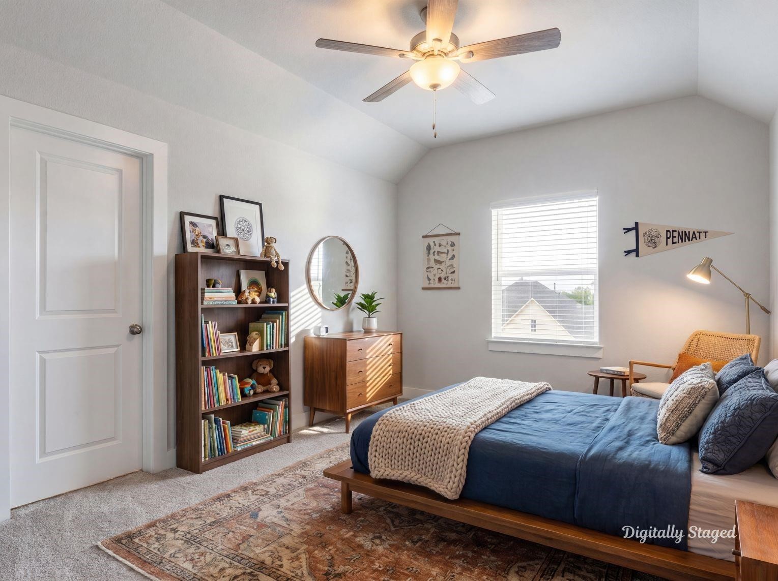 A spacious secondary bedroom with
high ceilings, large windows
providing natural light, neutral
carpeting, and a ceiling fan. This
photo has been digitally staged to
illustrate the possibilities of the
homes aesthetic and potential
design. Some furnishings and dcor
shown are for visual inspiration.
