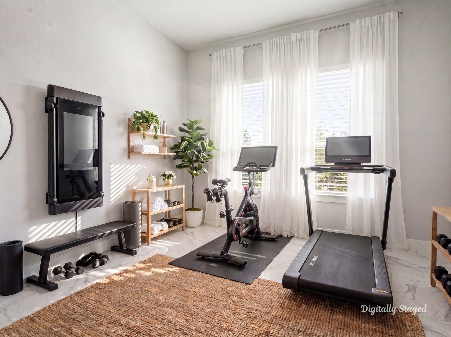 A versatile flex space or 5th bedroom
outfitted as a bright home gym,
featuring polished flooring, large
windows with floor-to-ceiling drapery,
and ample room for exercise
equipment. This photo has been
digitally staged to illustrate the
possibilities of the homes aesthetic
and potential design. Some
furnishings and dcor shown are for
visual inspiration.